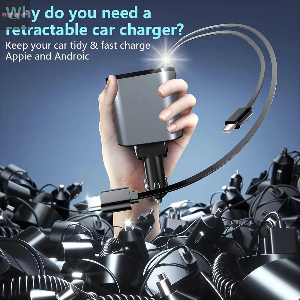 VoltRush™ 4-in-1 Retractable Car Charger – Fast Power, Zero Clutter.