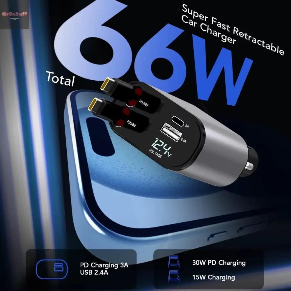 VoltRush™ 4-in-1 Retractable Car Charger – Fast Power, Zero Clutter.