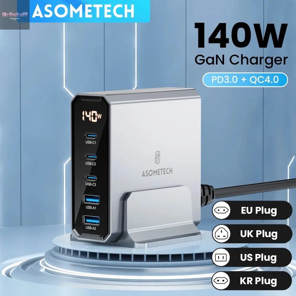 ASOMETECH 140W GaN USB Type C Fast Charger Multiple Ports QC4.0 PD Quick Charger For Macbook Laptop Tablet iPhone 14 Samsung S23 - Gr8stuff