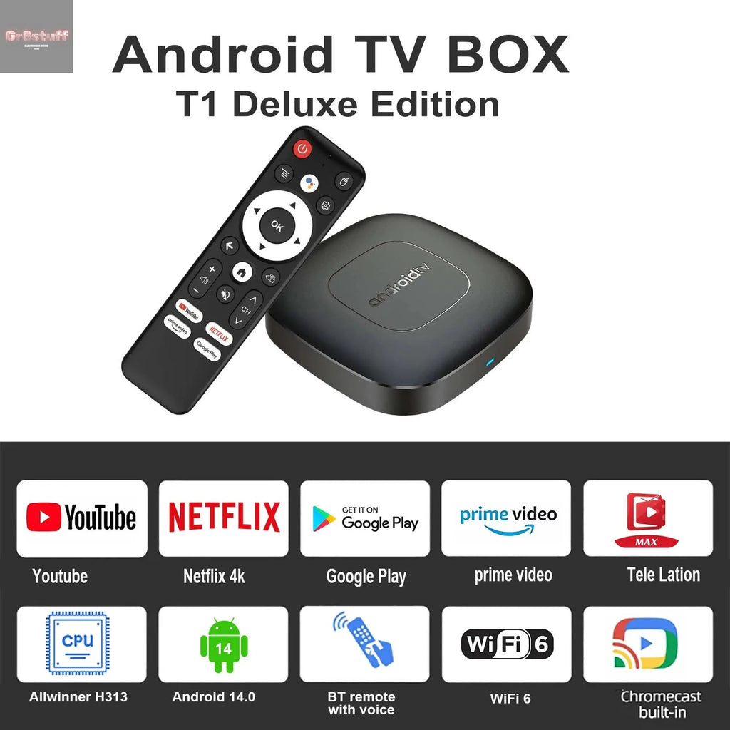 Global Version Smart Streaming Media Player TV Box AllwinnerH313 Android13 2.4G&5G Wifi 4K Mortal T1 Bluetooth Google Assistant - Gr8stuff