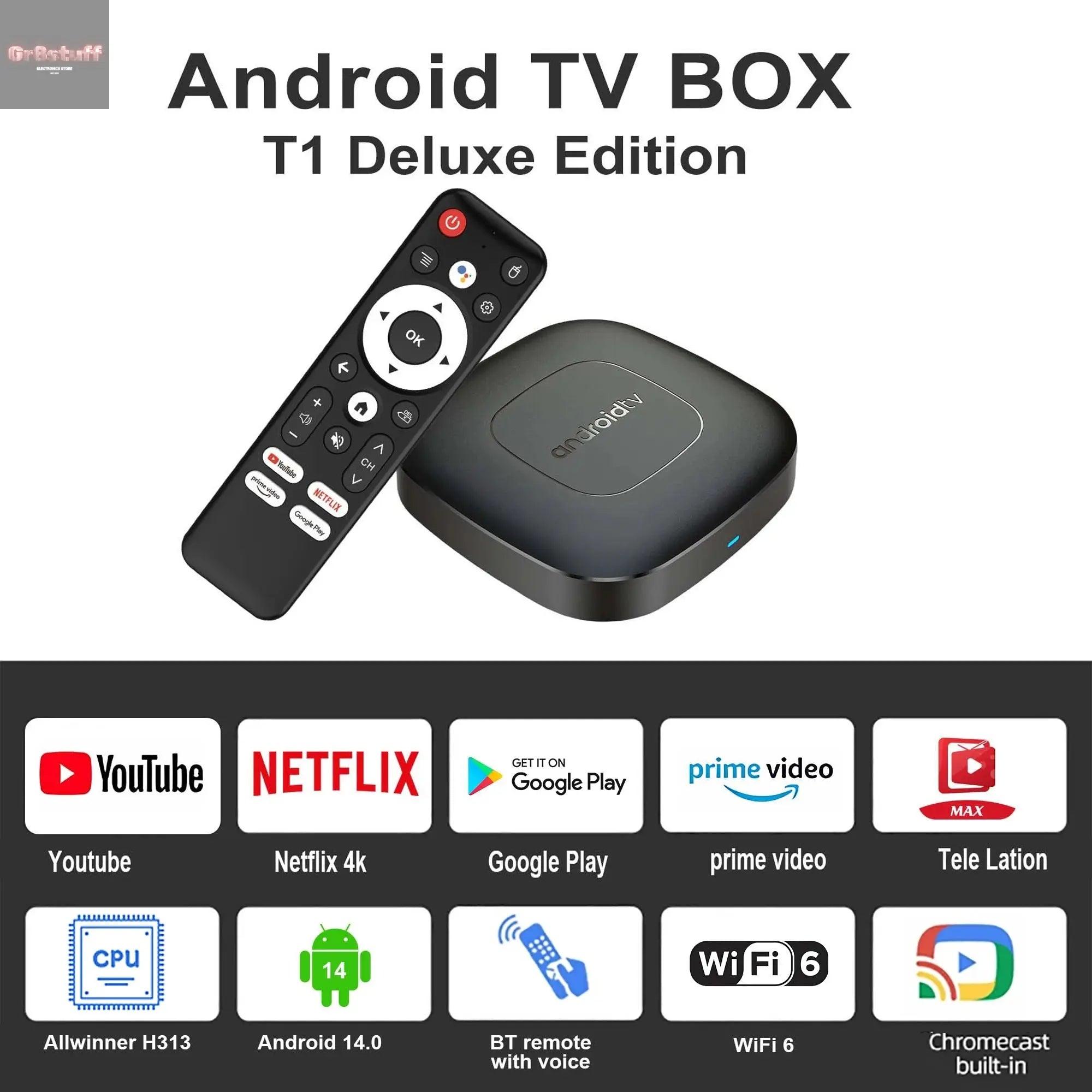 Global Version Smart Streaming Media Player TV Box AllwinnerH313 Android13 2.4G&5G Wifi 4K Mortal T1 Bluetooth Google Assistant - Gr8stuff