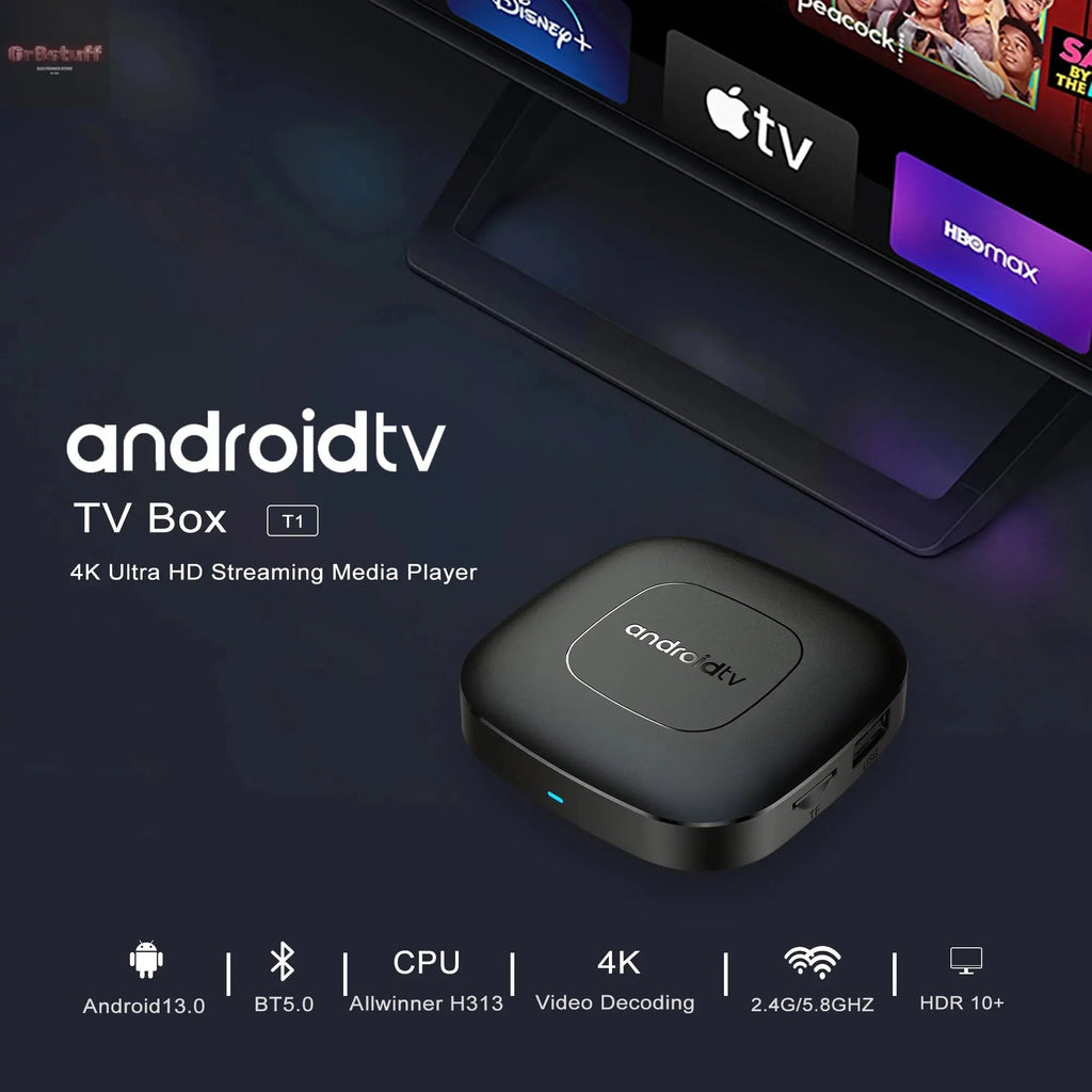 Global Version Smart Streaming Media Player TV Box AllwinnerH313 Android13 2.4G&5G Wifi 4K Mortal T1 Bluetooth Google Assistant - Gr8stuff