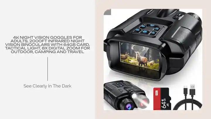 4K Night Vision Goggles for Adults, 2000FT Infrared Night Vision Binoculars with 64GB Card, Tactical Light, 8X Digital Zoom for Outdoor, Camping and Travel.