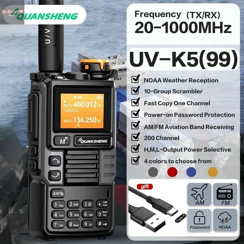 Quansheng UV - K6 Upgrade UV - K5 (99) Interphone 5W Air Band Radio Tyep C Charging UHF VHF DTMF FM Scrambler NOAA Wireless Frequenc - Gr8stuff
